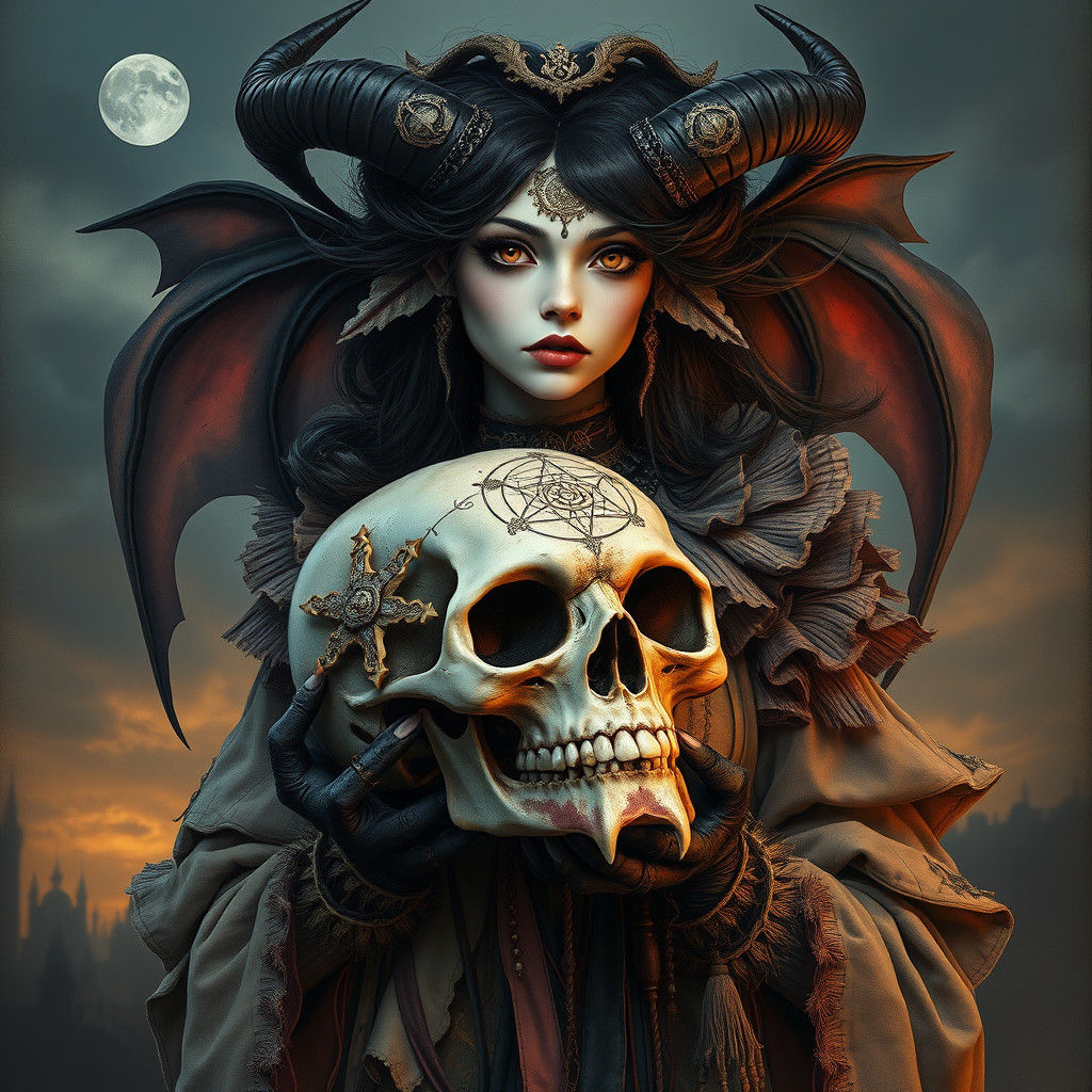 Mystical Demon with Skull in Gouache Style