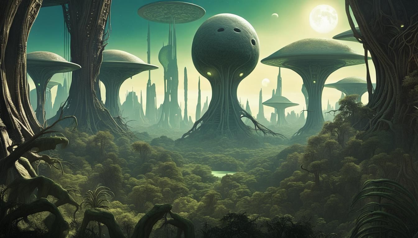 Surreal Alien City Amid Dense Wilderness
