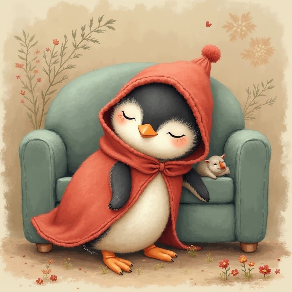 Penguin Relaxing on Sofa in Beatrix Potter Style