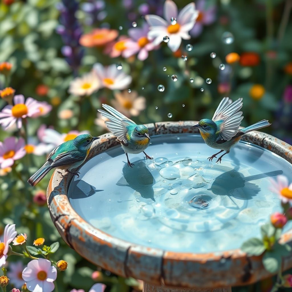 Whimsical Emerald Birds Dance in Rustic Bird Bath