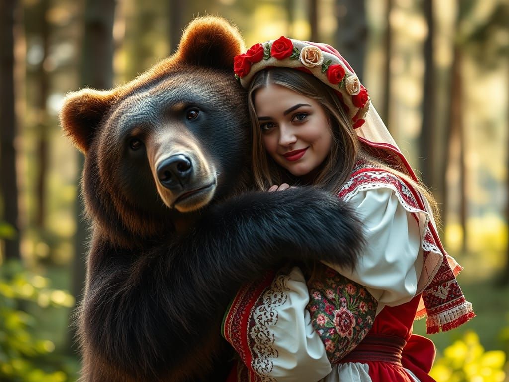 Russian Woman and Bear in Forest, Cinematic Photography