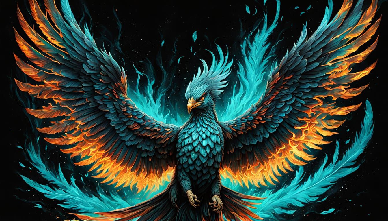 Phoenix Rising from Turquoise Flames: Comic Book Style