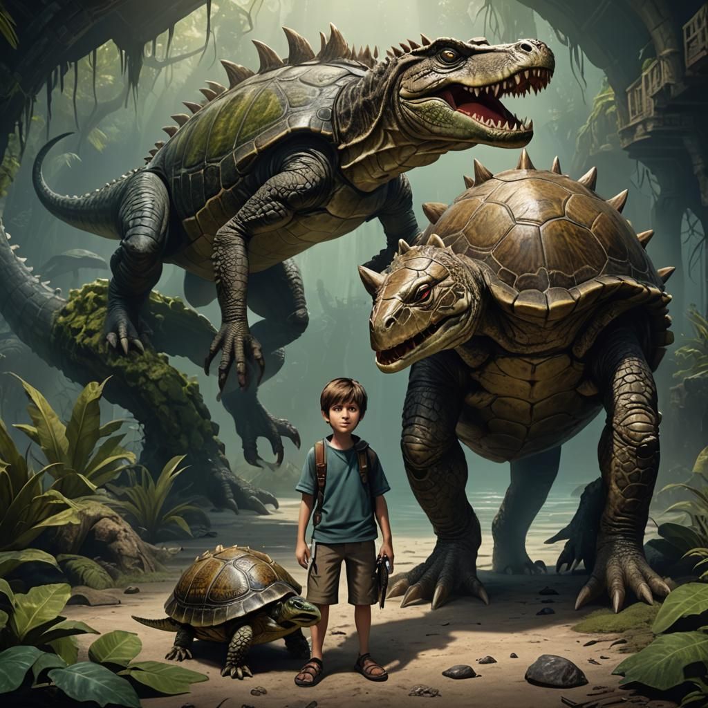 Boy and Turtle-Crocodile Creature in Detailed Matte Painting