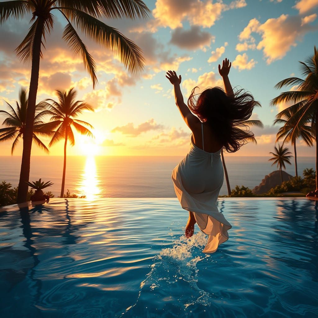 Surreal Diver Soars into Infinity Pool at Sunset