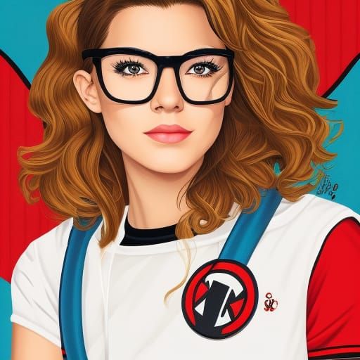 popart style, freckles, City Pop cute Nerdcore girl, marvel drawing style, line contou outline, perfect composition, bag...