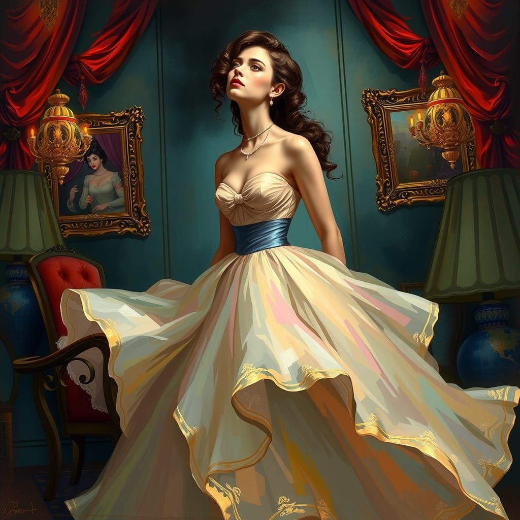 Elegant Woman in Whimsical, Impressionist-Inspired Salon
