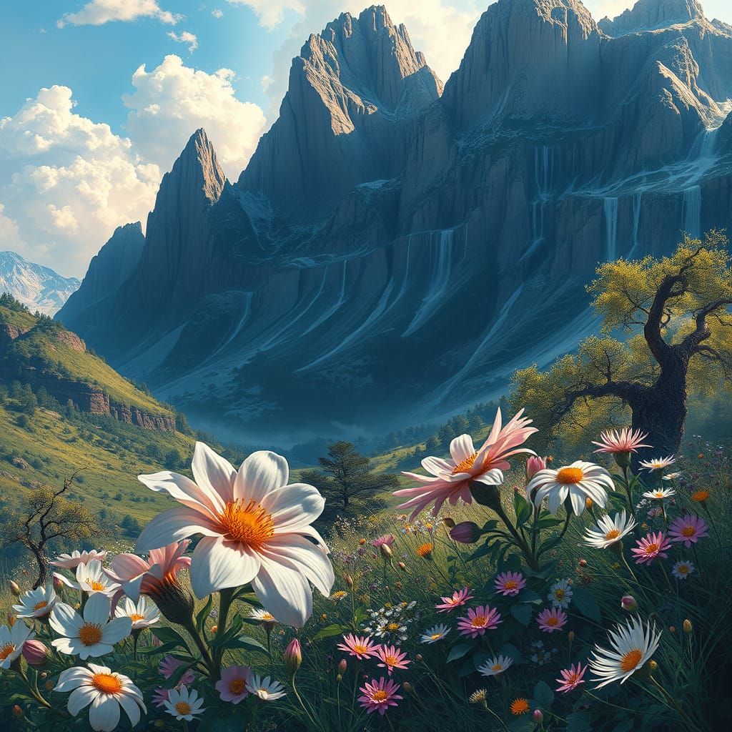 Hyperrealistic Landscape with Flowers and Snowy Mountains