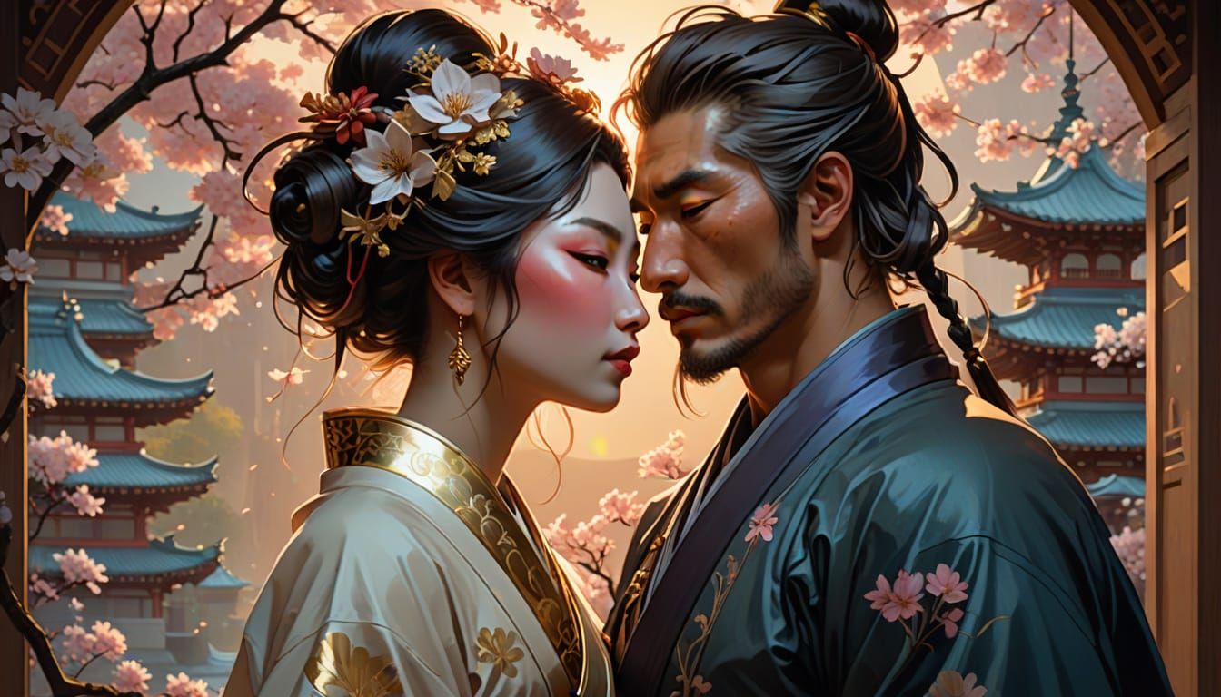 Samurai and Geisha Kiss in Japanese Concept Art