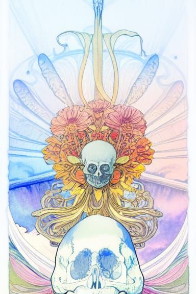 Watercolor Flower Radiating Light Over Skull