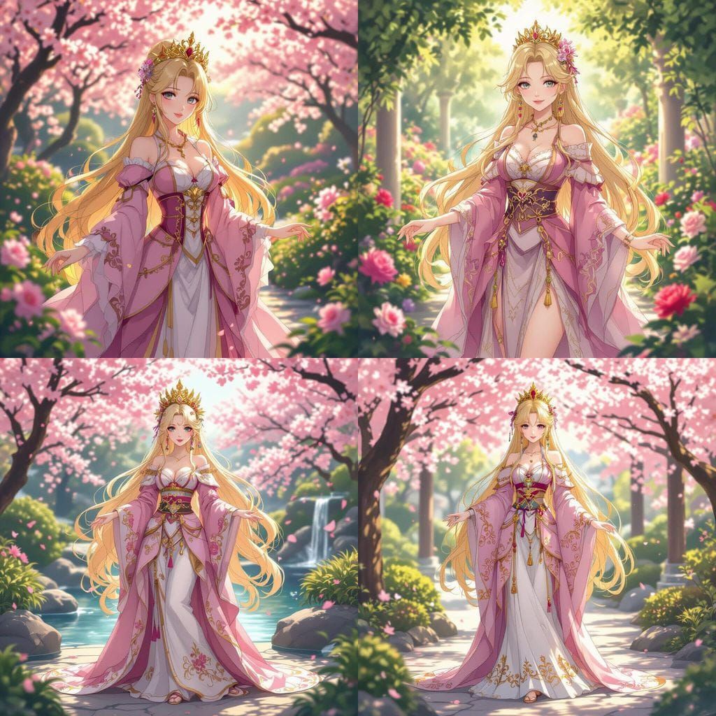 Anime Concubine in Pink and Gold Outfit in Garden
