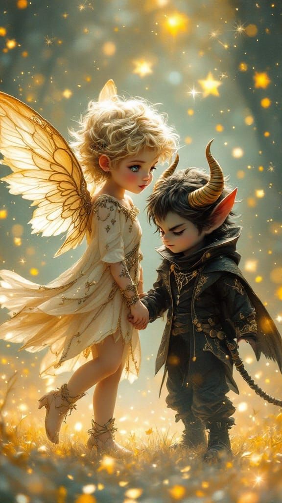 Angel with Golden Wings and Black Devil Imp in Whimsical Fai...