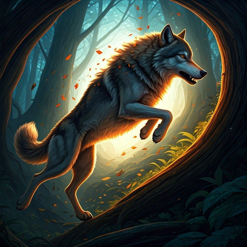 Dynamic Wolf Leaps Through Mystical Forest in Vibrant, Hyper...