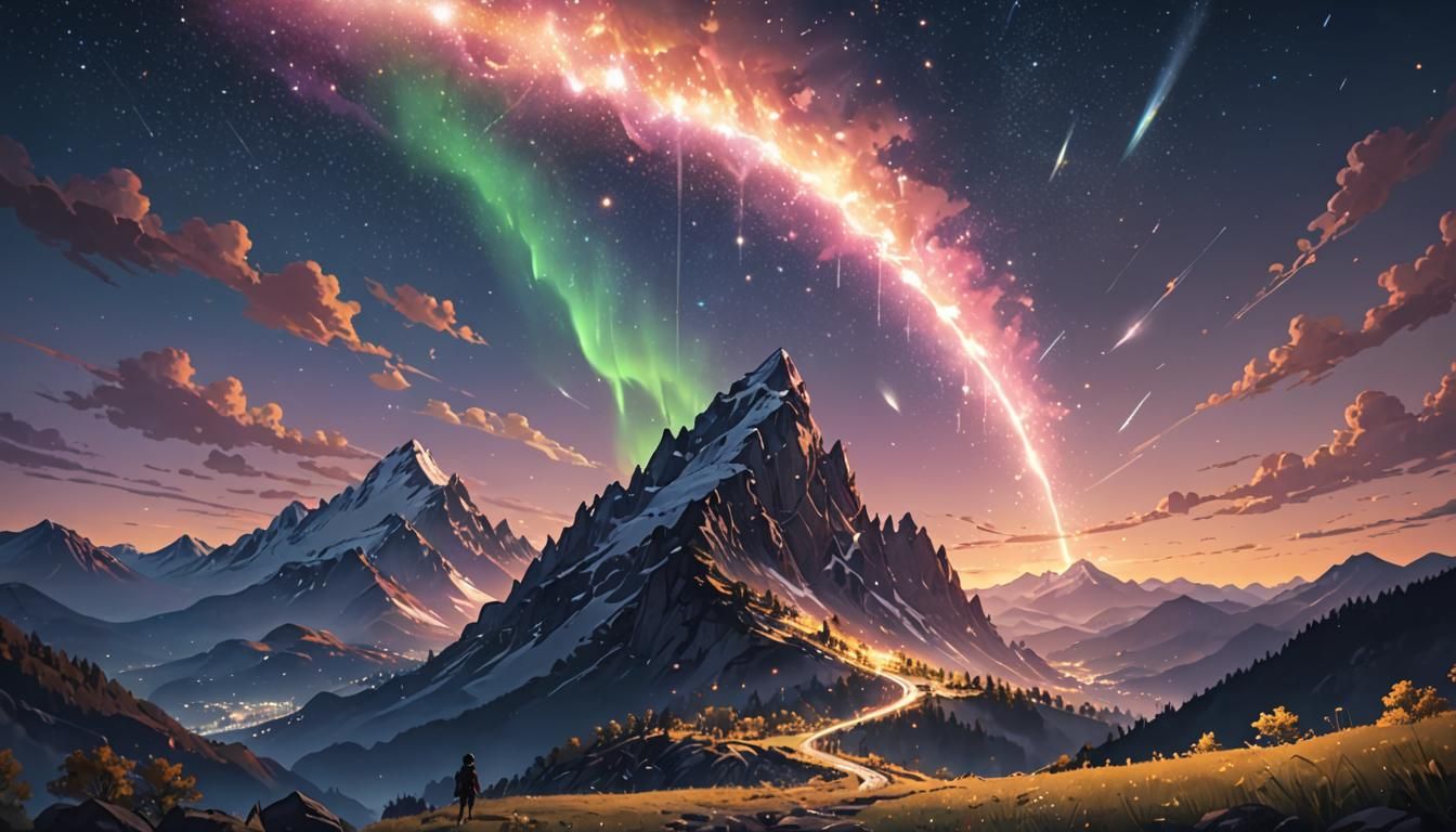 Cosmic Starfall Over Mountain Landscape, Anime-Inspired