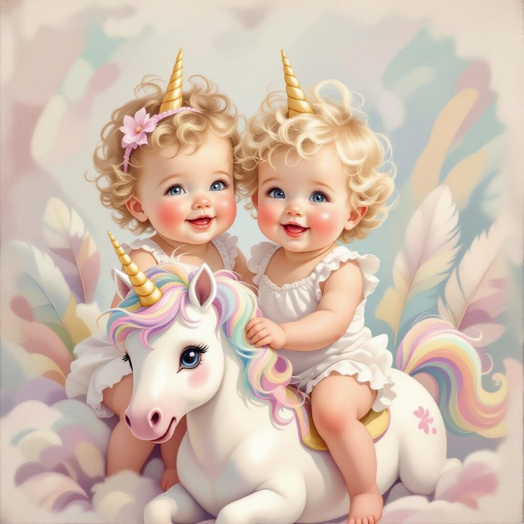 Baby Twins Ride Unicorn in Stylized Watercolors
