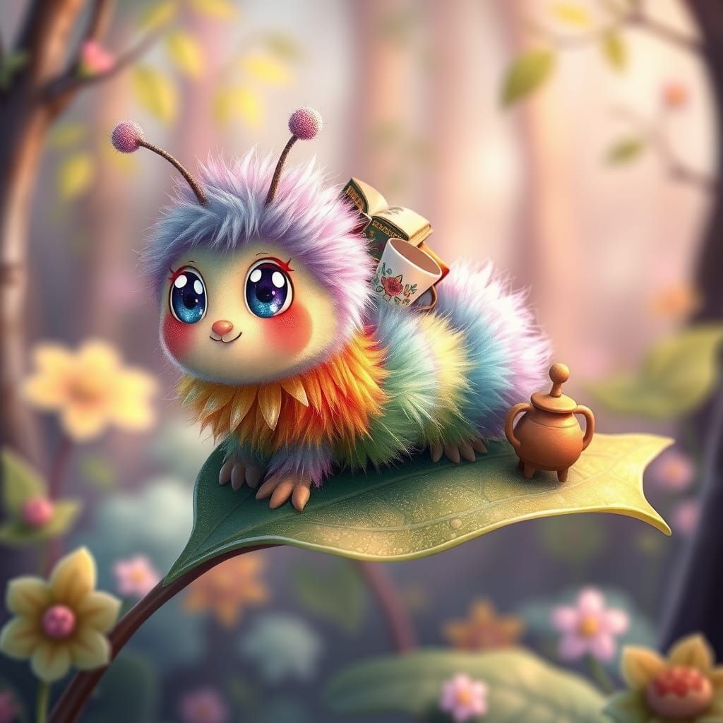 Whimsical Caterpillar in Pastel Forest, Studio Ghibli-Inspir...