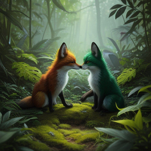Playful Baby Foxes in Vibrant Lush Forest