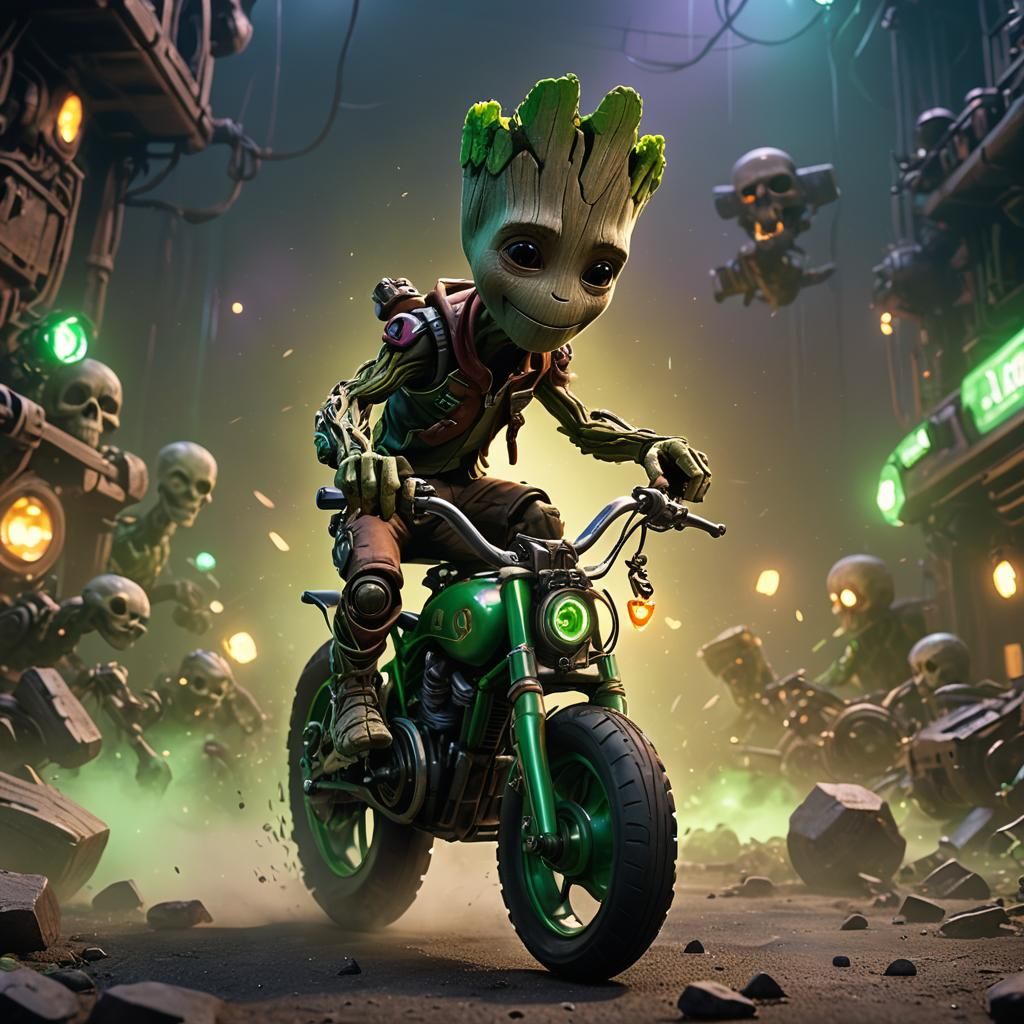 Baby Groot Rides Skull Bike: Pixar-Style 3D Art