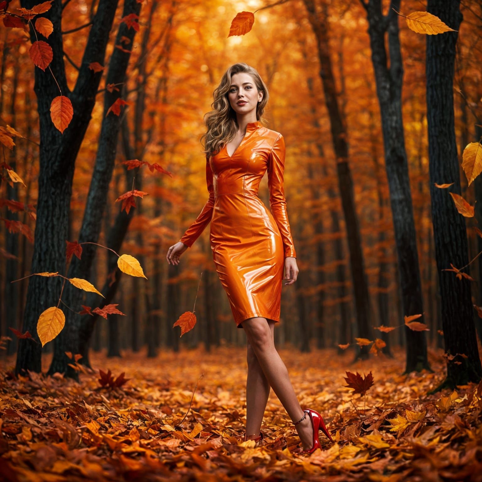 Autumn Lady in Latex Dress Amidst Swirling Leaves