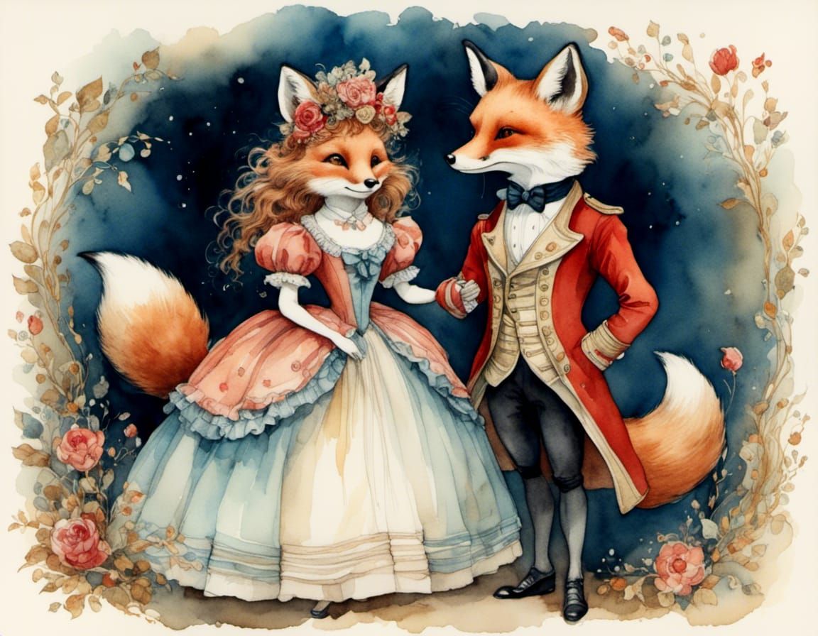 Anthropomorphic Foxes in Romantic Watercolor Painting