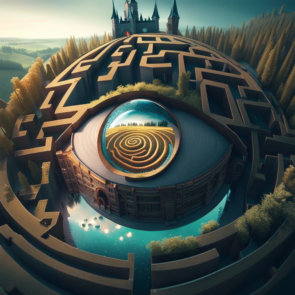 Surreal Eye Labyrinth with Distant Castle