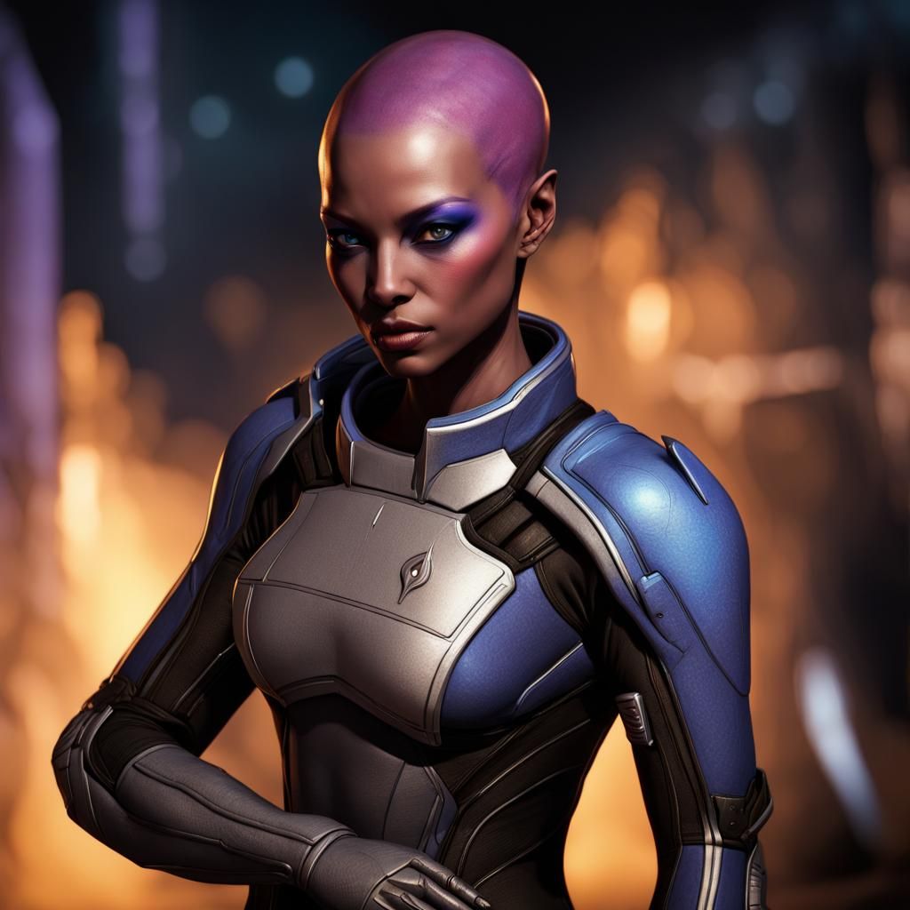 Violet-Skinned Asari Biotic in Mass Effect Style