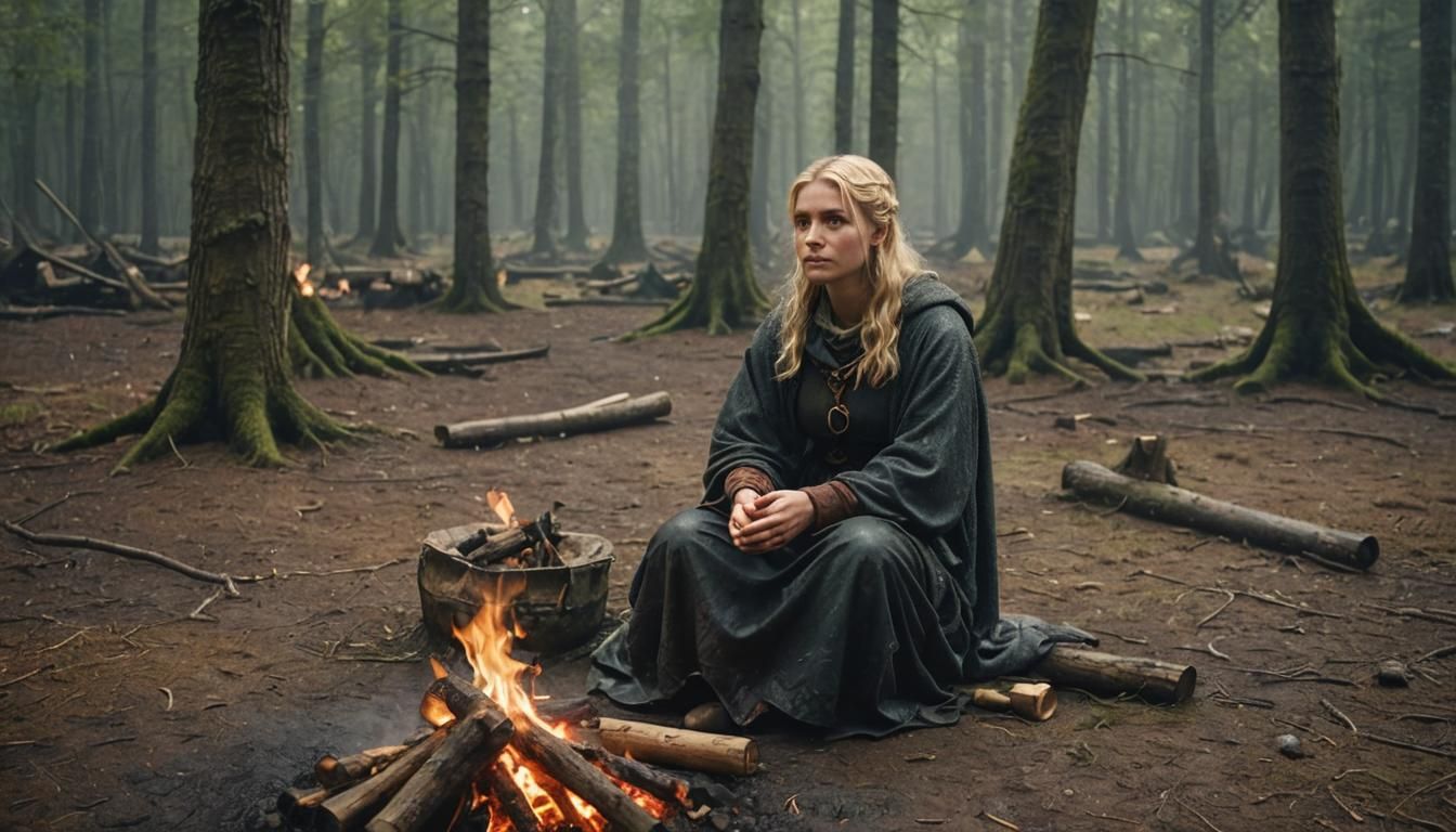 Medieval Woman by Campfire in Rainy Forest