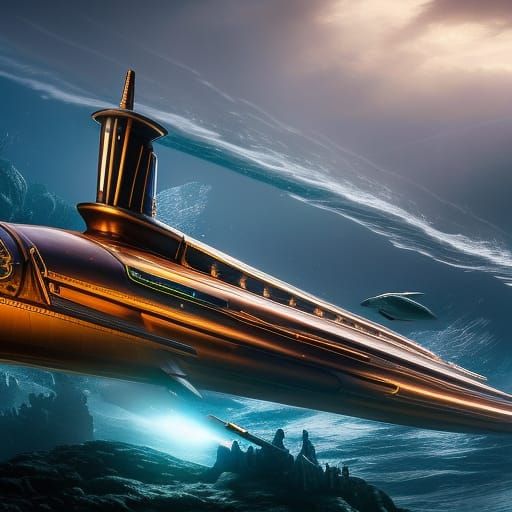 Steampunk Submarine Undersea in Maximalist Style
