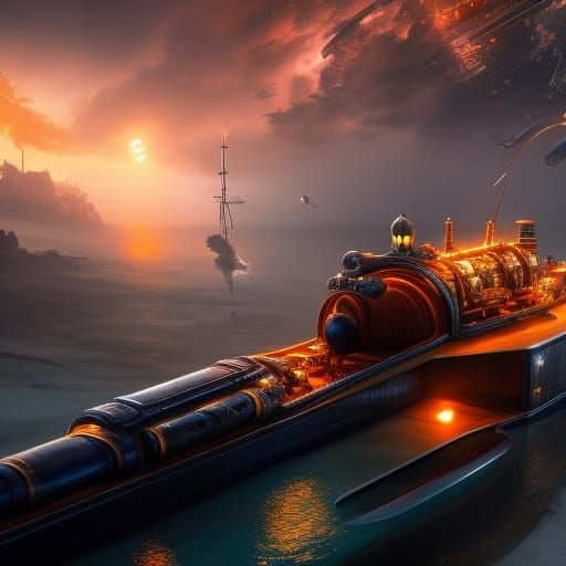 Steampunk Submarine Undersea: Intricate Digital Painting