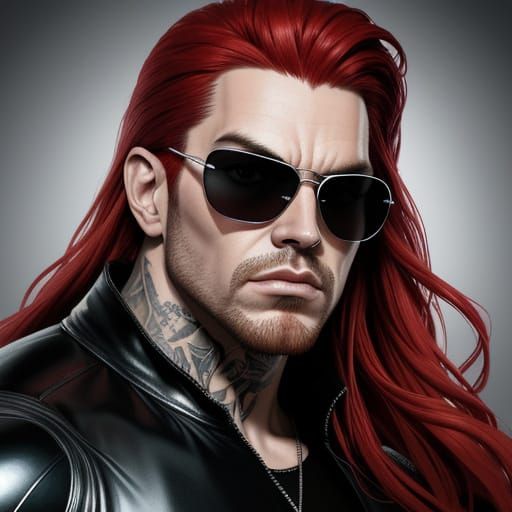 Dynamic Wrestler in Silver Mirrored Shades and Red Leather