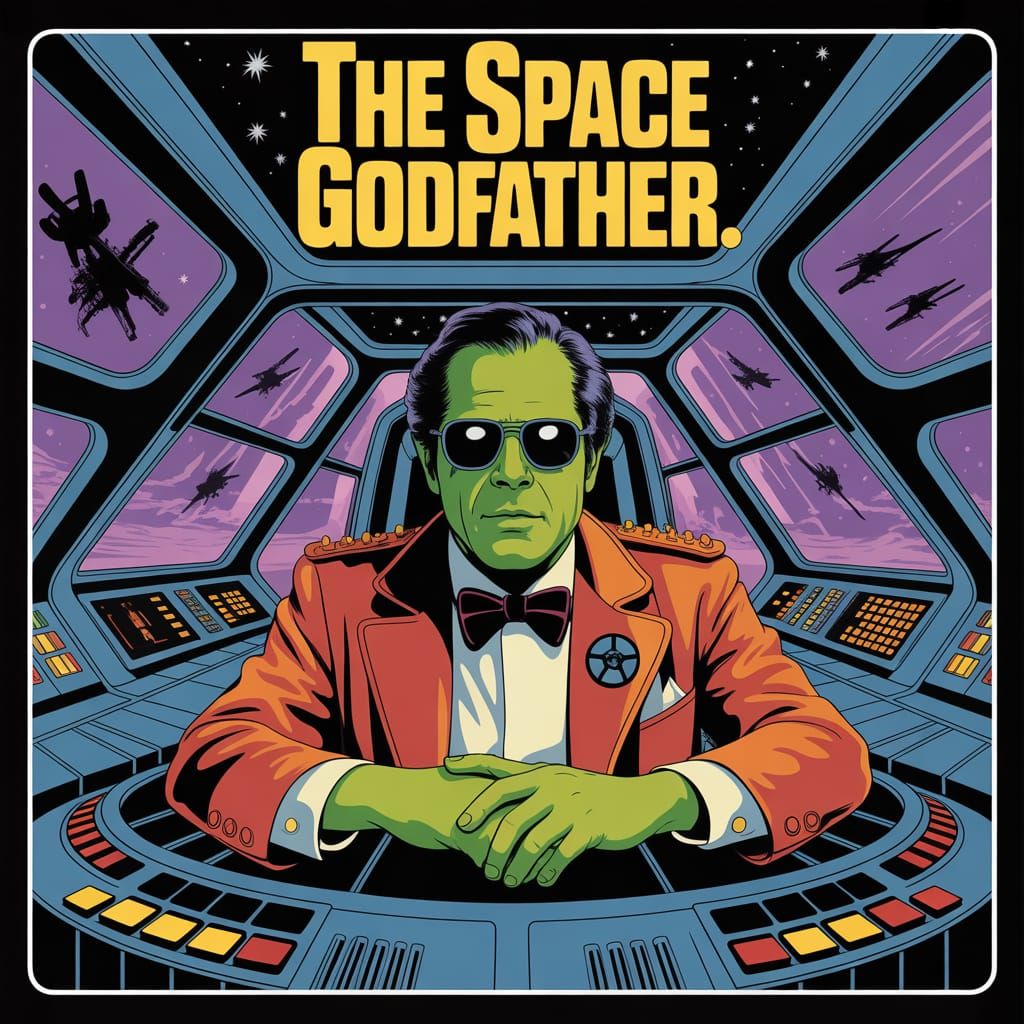 1970s Francis Ford Coppola movie poster for a cult classic. A space opera titled "The Space Godfather." A green-skinned ...