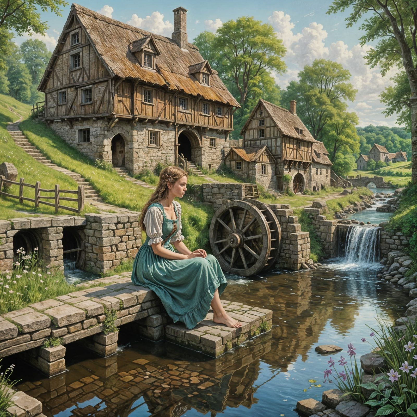 Enchanting Watermill Scene in Pastel Colors