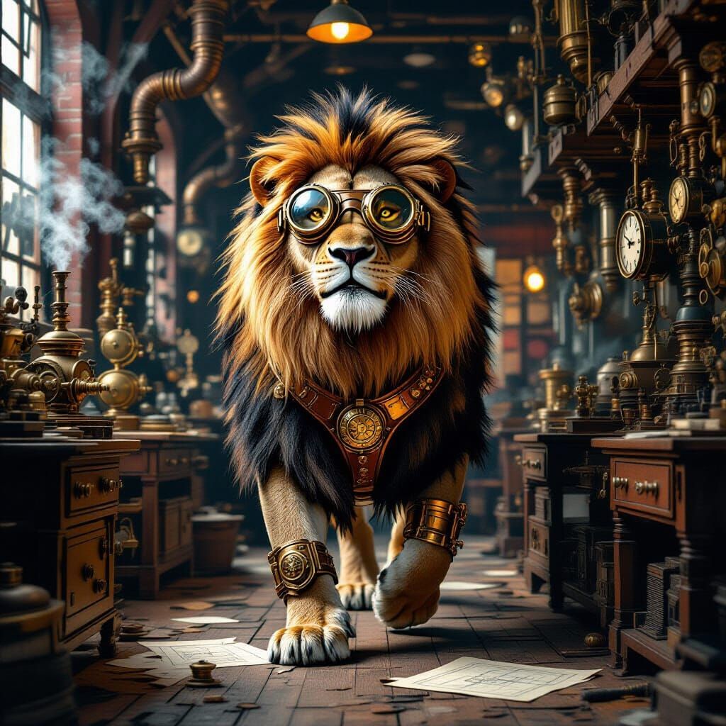 Steampunk Lion in Victorian Workshop with Volumetric Lightin...