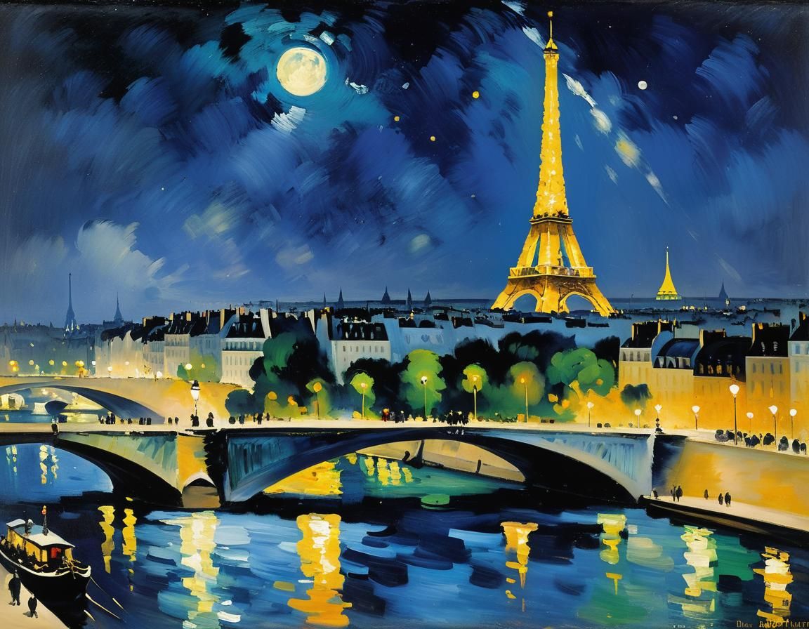 Paris Skyline at Night in Impressionist Style