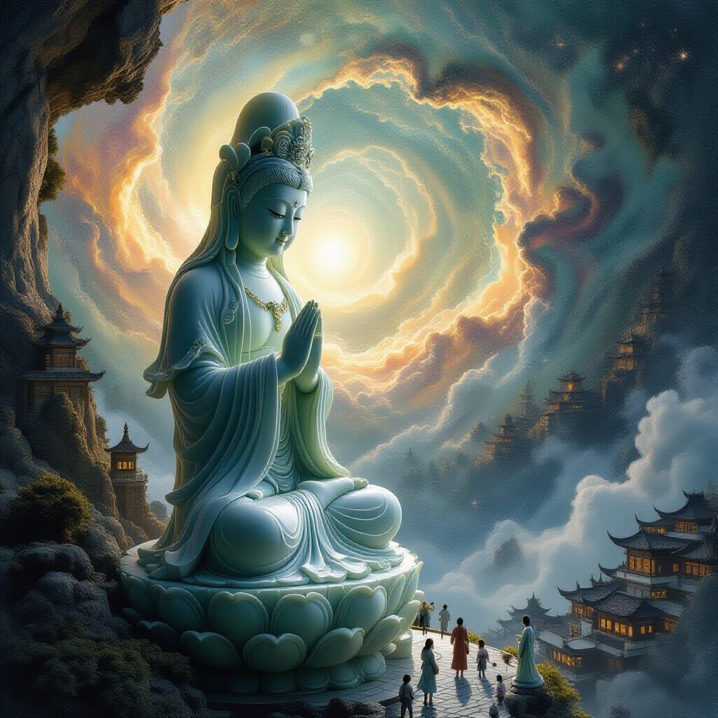 Jade Guanyin in Cosmic Nebula with Cityscape