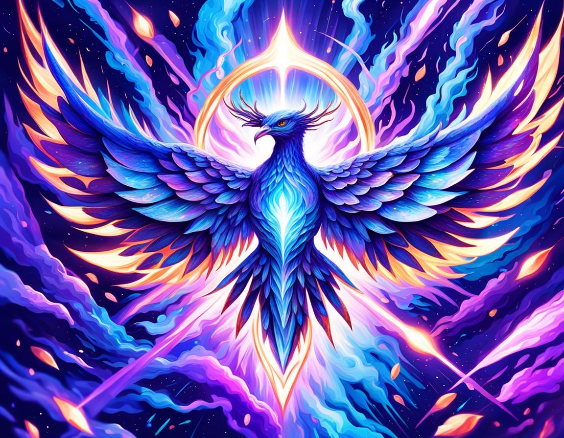 Cosmic Phoenix with Blue Flames and Electric Beams