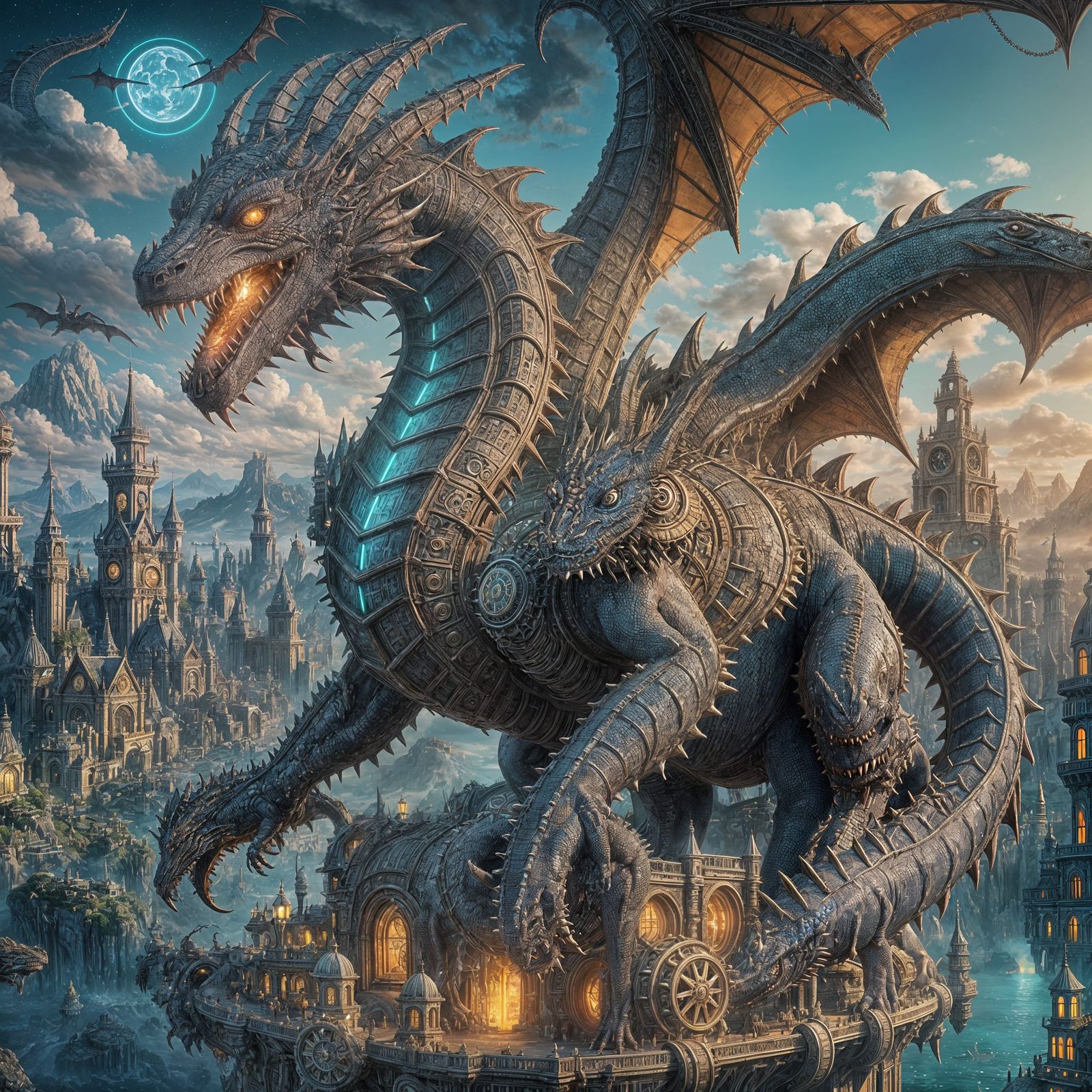 Steampunk City Ensnared by Bioluminescent Dragon