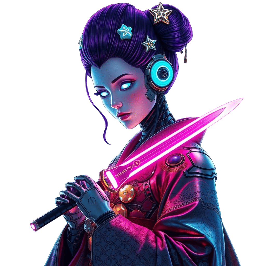 Ethereal Geisha Robot in Neon Hues