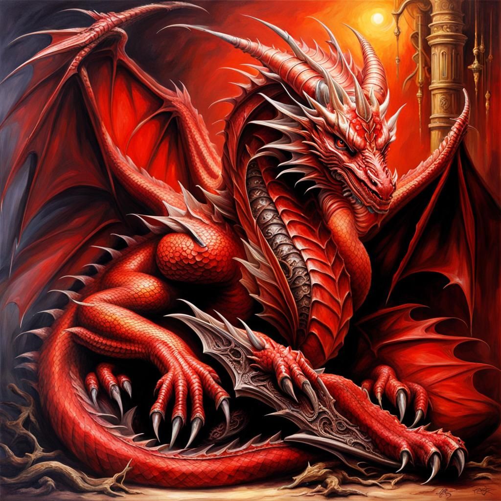 Red Dragon Reclining in Gothic Oil Painting