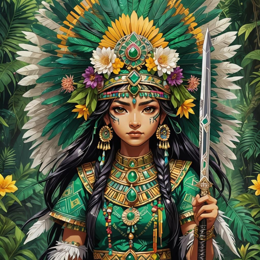 Aztec Girl with Sword in Anime Manga Style