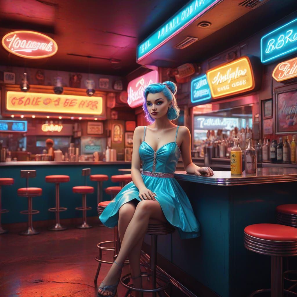 Fantasy 50s Diner with Fairy at Bar, Graffiti Art Style