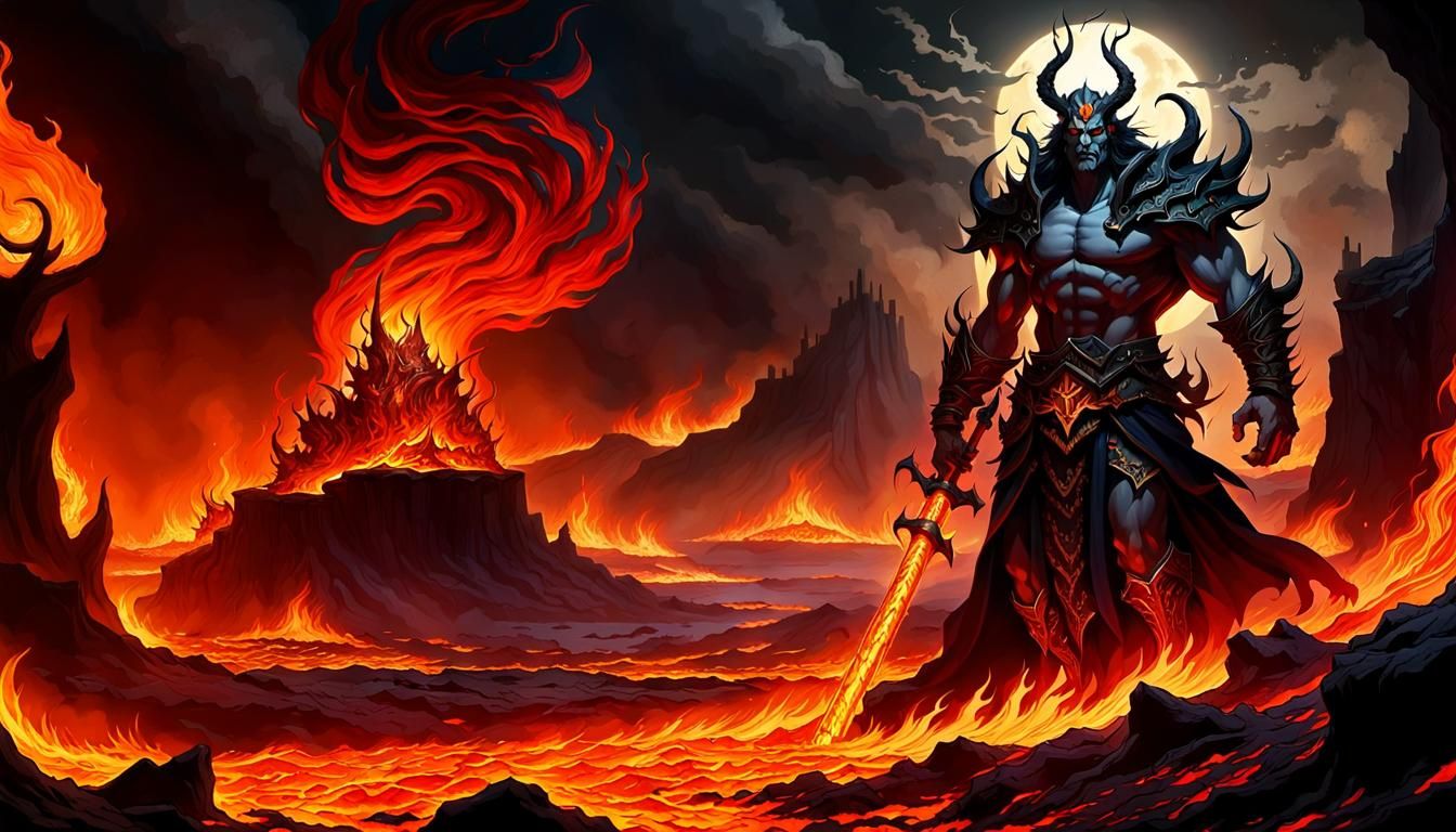 Hades Striding Through Hell's Fiery Landscape