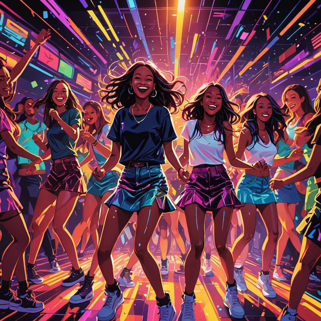Neon Nightclub: Girls Dancing in Vibrant Splash Art