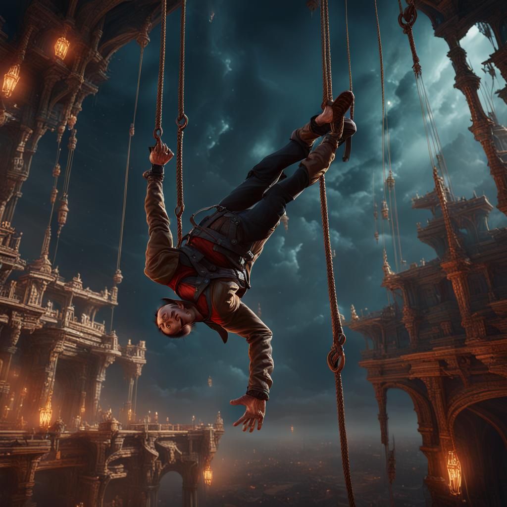 A man hanging upside down held on by one cord