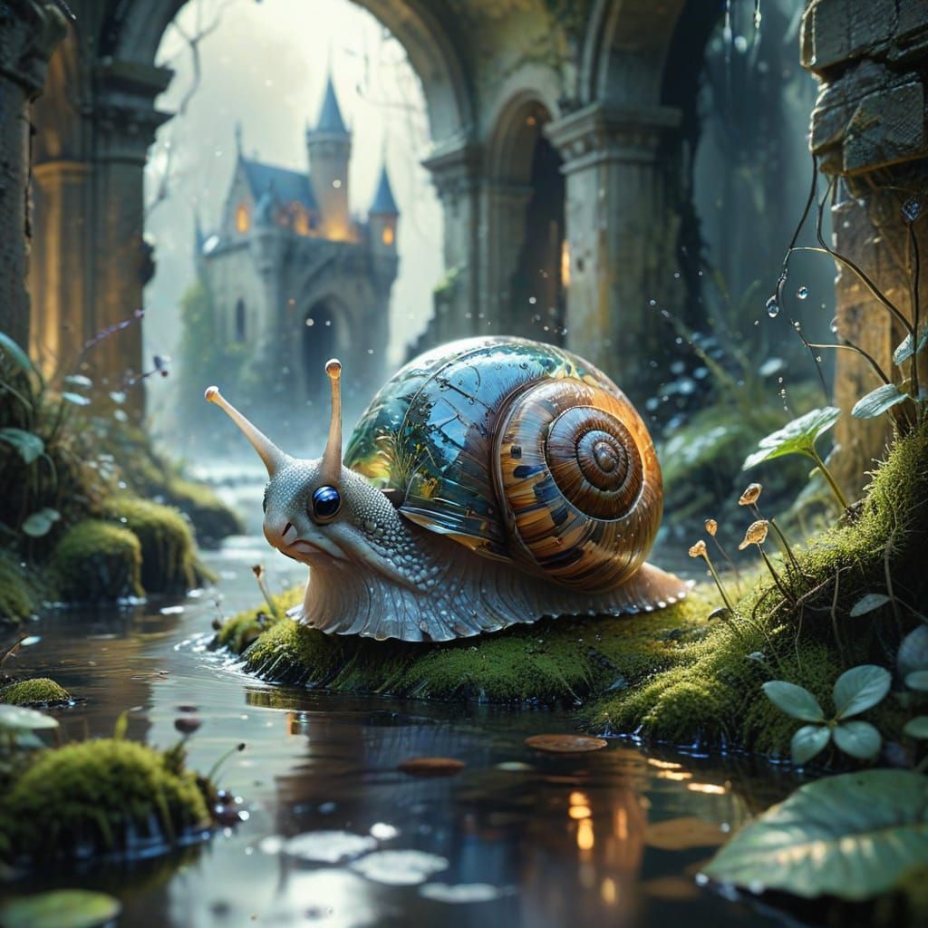 Bioluminescent Snail in Castle Ruins, Watercolor Painting