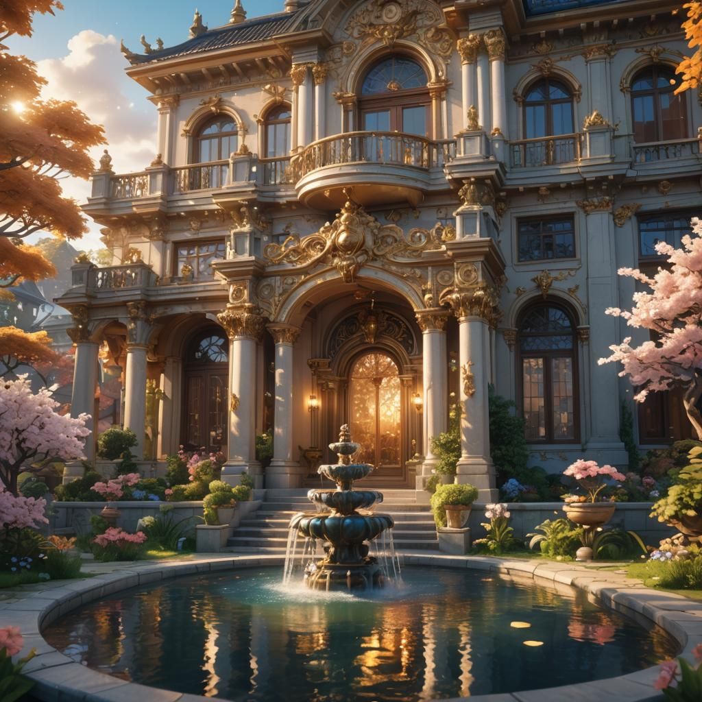 Ornate Mansion at Dusk: 3D Anime Art