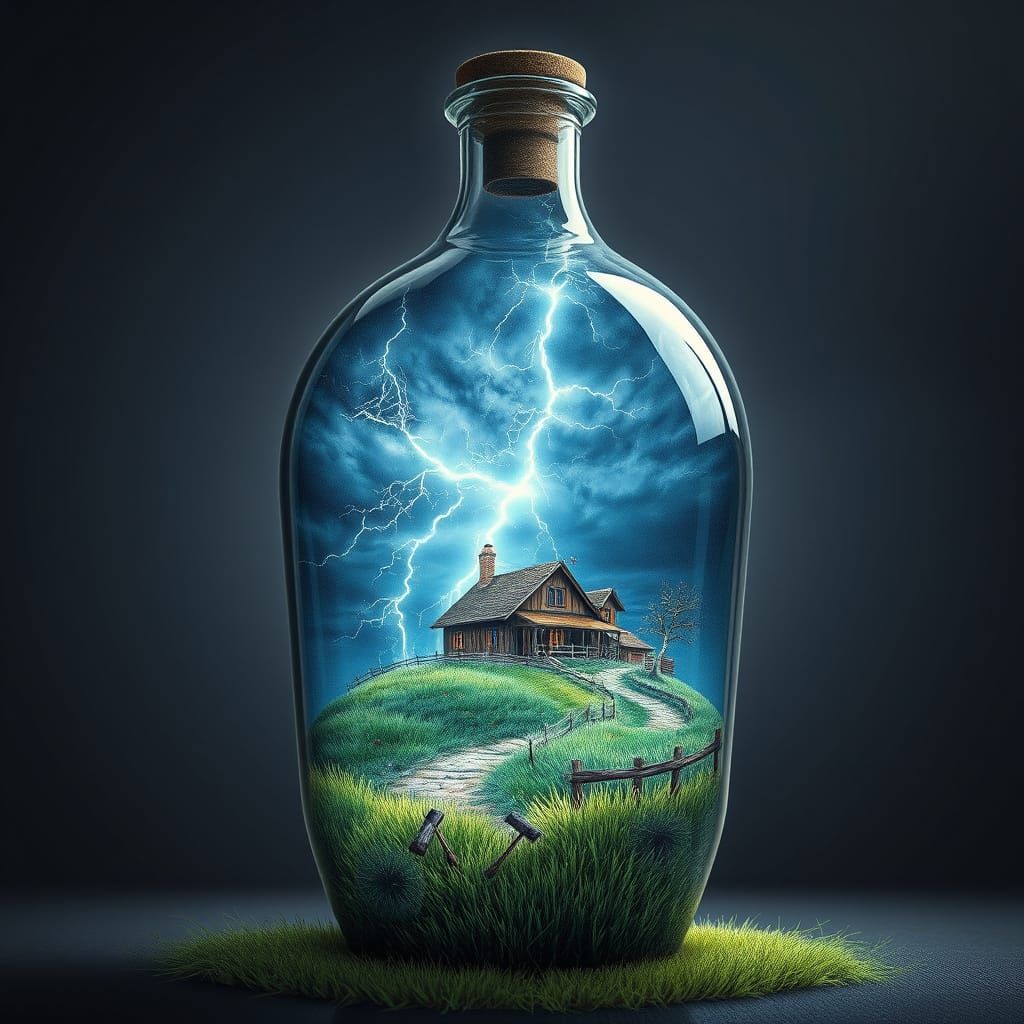 Fat bottom glass bottle containing a mesmerizing thunder and...