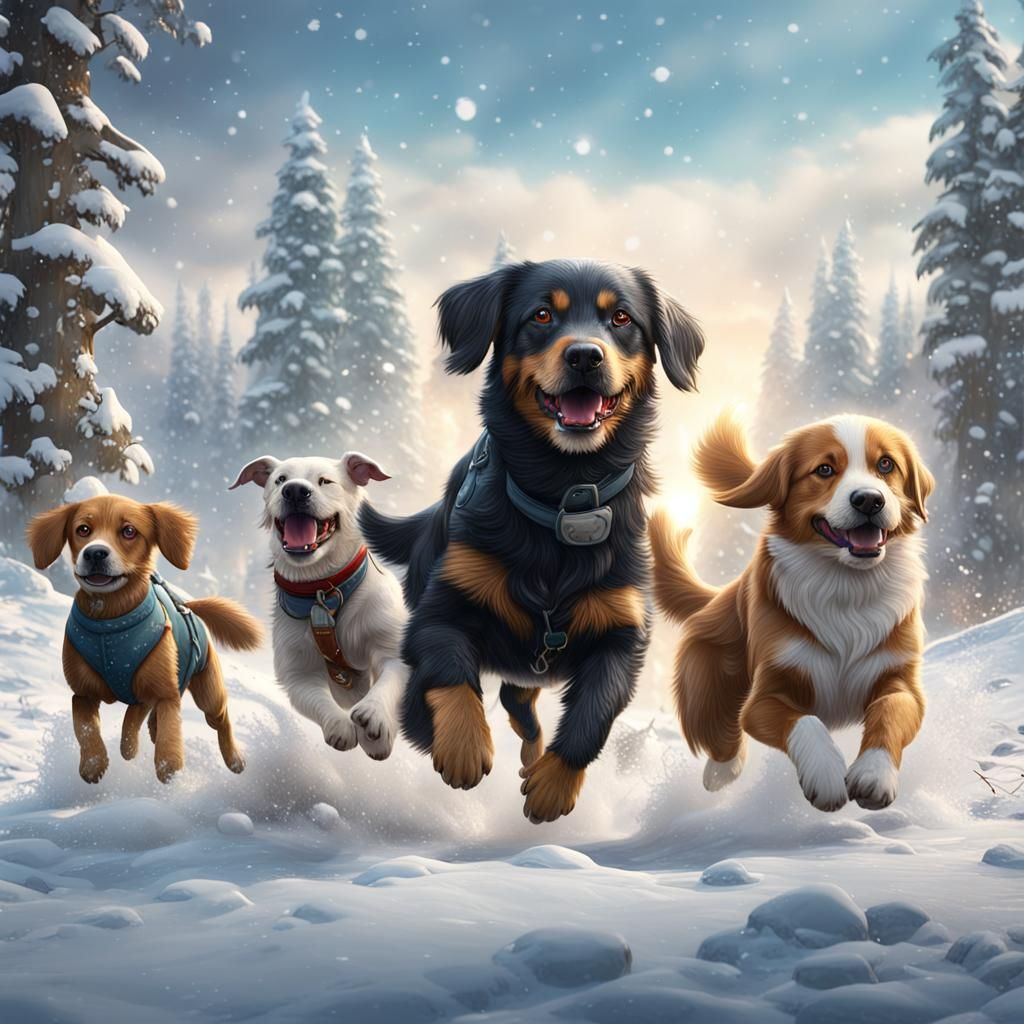 Dogs Playing in Snow: Detailed Fantasy Concept Art