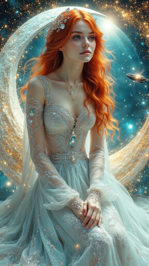 Ethereal Woman Sits on Golden Crescent Moon in Cosmic Landsc...