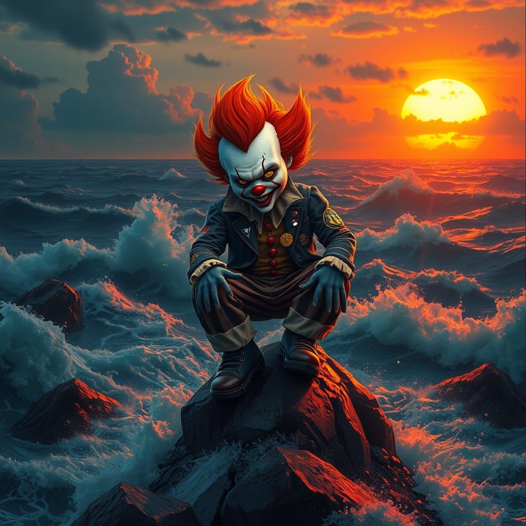 Punk Rock Clown Hybrid on Stormy Rocks