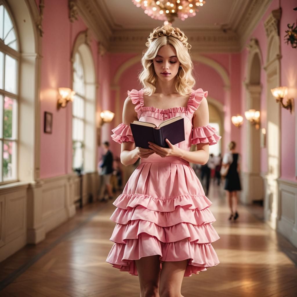 Blonde Youth in Pink Dress Walks on Heels with Book